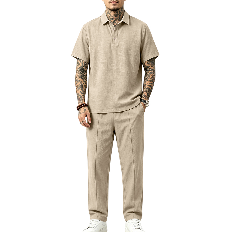 Set Polo 2 Potong Pria Kemeja  - Short Linen Drawstring ulasan dan harga